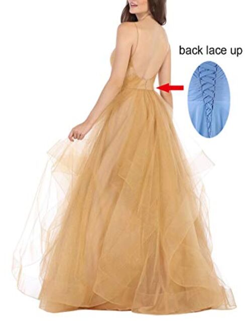 V-Neck Prom Dresses Long Glitter Tulle Spaghetti Ball Gown Wedding Dress for Women Party