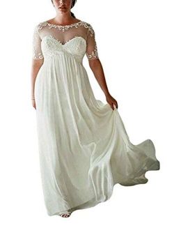 DreHouse Women's Chiffon Vintage Beach Wedding Dresses with Half Sleeves Plus Size