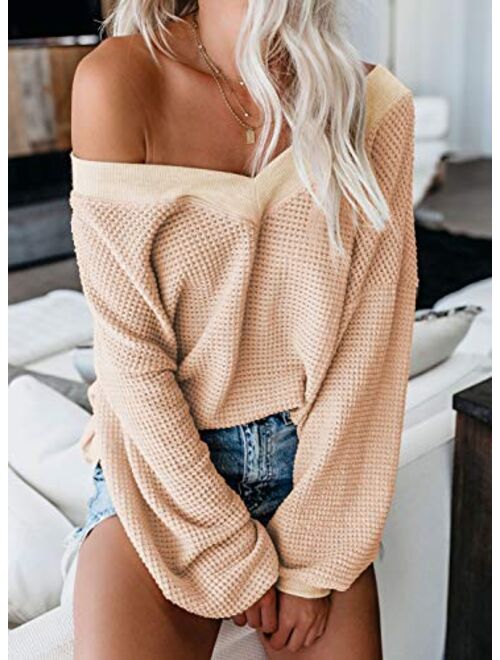 Aleumdr Women's V Neck Long Sleeve Waffle Knit Sweater Off Shoulder Pullover Jumper Tops