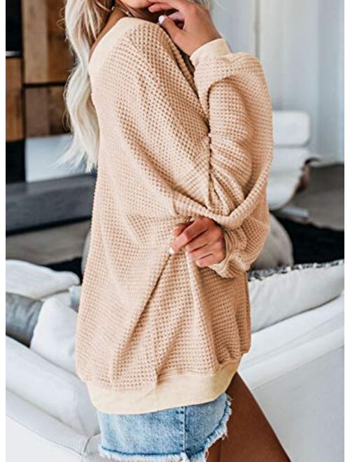 Aleumdr Women's V Neck Long Sleeve Waffle Knit Sweater Off Shoulder Pullover Jumper Tops