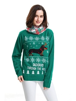 Shineflow Women's Dachshund Through The Snow Ugly Christmas Sweater Pullover Jumper