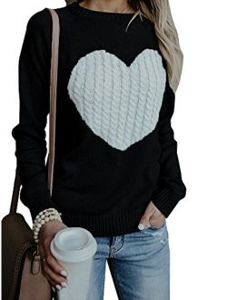 Imysty Womens Valentine's Day Cute Love Heart Ribbed Cable Knitted Crew Neck Sweater Pullover