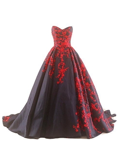 Kivary Gothic Black Satin Lace V Neck A Line Long Prom Corset Wedding Dresses