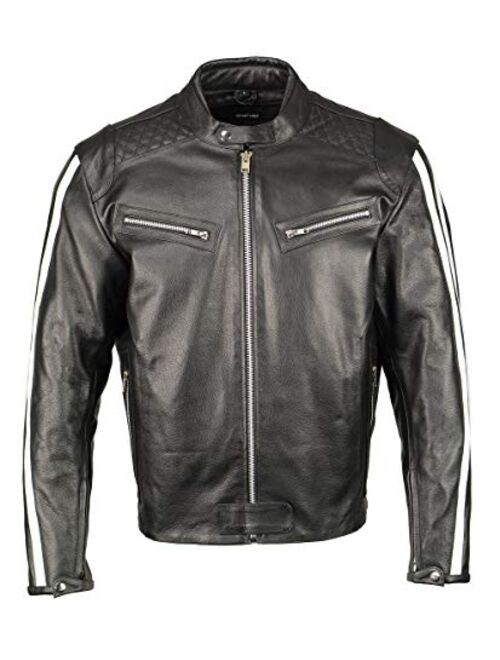 M Boss Motorcycle Apparel BOS11508 Mens Black and White Armored Leather Jacket with Racing Stripes