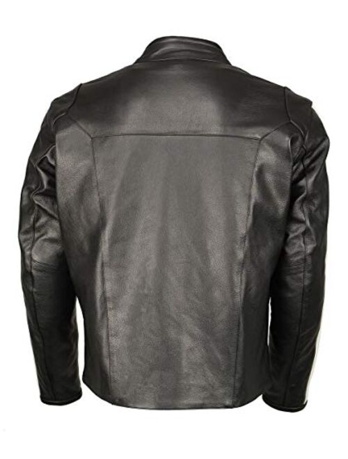 M Boss Motorcycle Apparel BOS11508 Mens Black and White Armored Leather Jacket with Racing Stripes