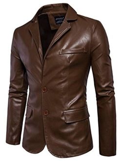 Mens Faux Leather Jacket Notched Lapel PU Jacket Men Two Button Blazer Jackets