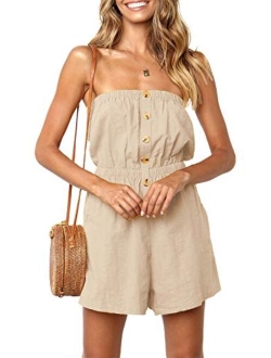 Women's Summer Off Shoulder Strapless Solid Color Button Down Elastic Waist Short Jumpsuit Romper
