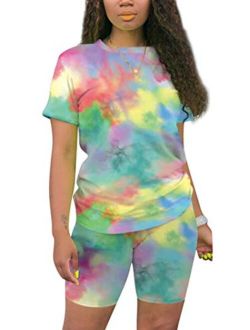 Womens 2 Piece Sets Summer Short Sleeve Pullover Top + Bodycon Shorts Tie Dye Casual Sweatsuits S-XXXL
