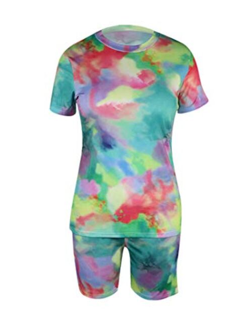 Womens 2 Piece Sets Summer Short Sleeve Pullover Top + Bodycon Shorts Tie Dye Casual Sweatsuits S-XXXL