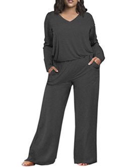 Yskkt Womens Plus Size Rompers Summer Short Sleeve V Neck Casual Loose Jumpsuits Playsuit Pockets