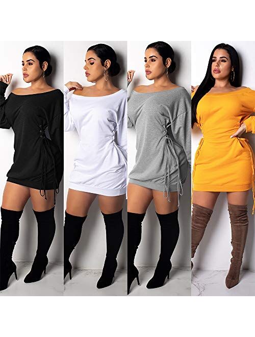 Women Casual Fall Dress - Long Bell Sleeve Pleated Bodycon Fitted Mini Work Clothes Club Outfit