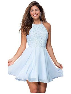 Kissey Prom Women's Short Halter Homecoming Dress Knee Length Lace Prom Graduation Party Gown
