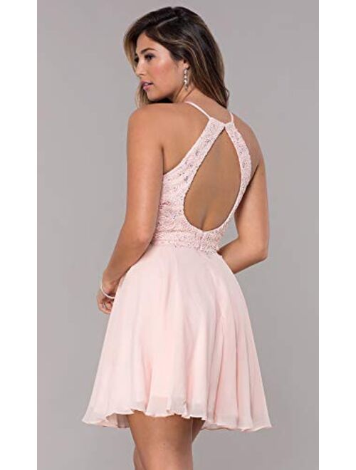 Kissey Prom Women's Short Halter Homecoming Dress Knee Length Lace Prom Graduation Party Gown