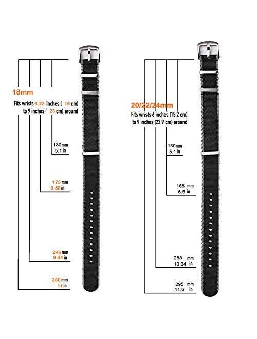 Timex PBCODE Watch Straps NATO Strap 18mm Seat Belt Nylon Watch Bands Black Grey with Polished Buckle Heavy Duty