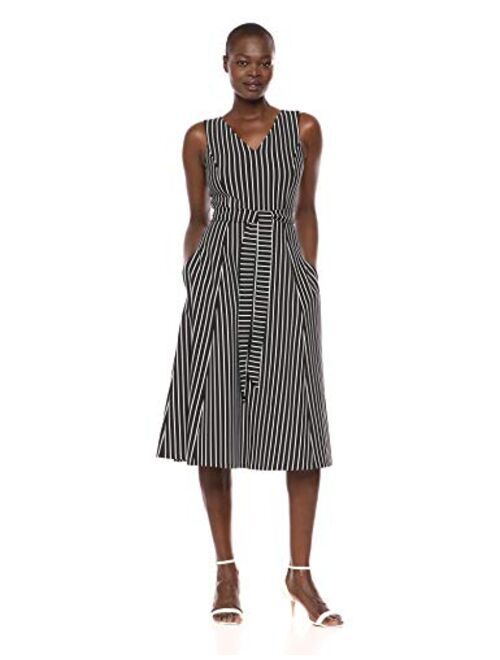 Calvin Klein Women's Sleeveless V Neck Midi Dress with Self Sash Waist