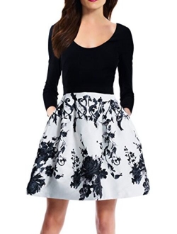 Zalalus Women's Elegant Floral Patchwork Pockets Backless Casual Party Dress
