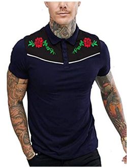 Men's Short Sleeve Polo Shirts Rose Floral Embroidery Casual Cotton Polo T Shirt