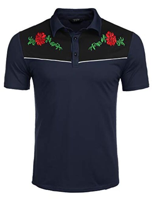 COOFANDY Men's Short Sleeve Polo Shirts Rose Floral Embroidery Casual Cotton Polo T Shirt