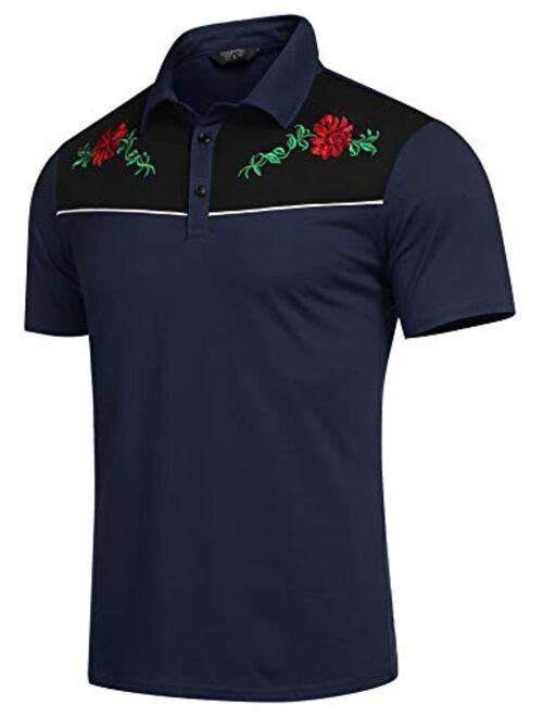 COOFANDY Men's Short Sleeve Polo Shirts Rose Floral Embroidery Casual Cotton Polo T Shirt