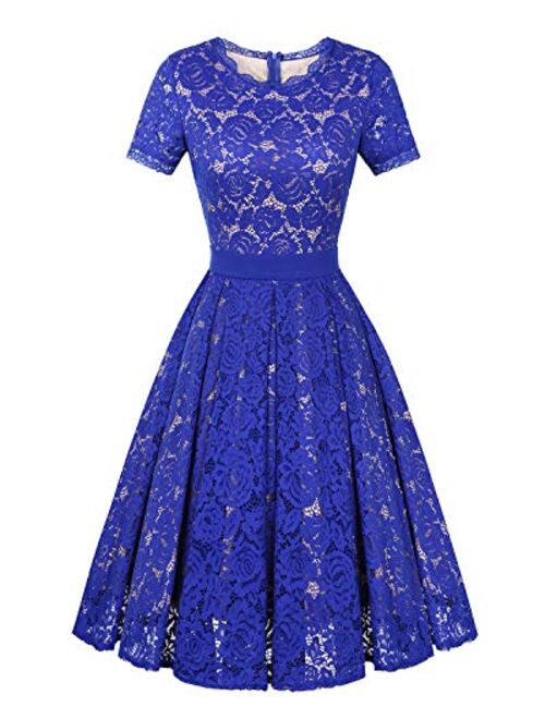 Genhoo Women's Bridesmaid Vintage Tea Dress Floral Lace Cocktail Formal Swing A-Line Dress with Short Sleeve