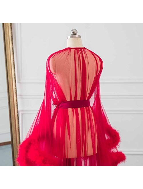 Changuan Sexy Illusion Long Lingerie Robe Nightgown Bathrobe Sleepwear Feather Bridal Robe Wedding Scarf