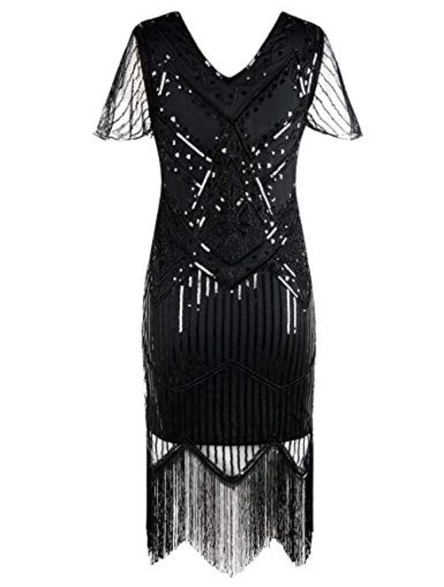 PrettyGuide Women's 1920s Flapper Dress Short Sleeve Glitter Sequin Inspired Fringed Party Cocktail Dresses