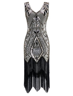 Radtengle Women's 1920s Flapper Dress V Neck Fringe Beaded Great Gatsby Party Dress