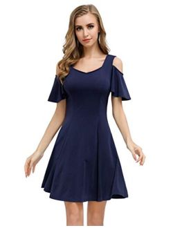 JASAMBAC Women's Cold Shoulder Ruffle Sleeve A-line Skater Dress Cocktail Party Dress