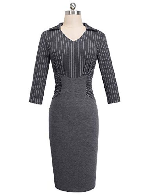 HOMEYEE Women's 3/4 Sleeve Stripe Professional Business Pencil Dress B479