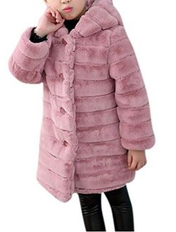 Girl's Long Warm Faux Fur Coat Thicken Fake Fox Hooded Front Button Jacket