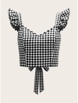 Tie Back Ruffle Strap Gingham Top