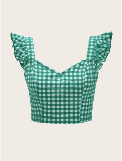 Tie Back Ruffle Strap Gingham Top