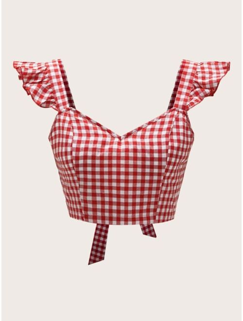 Shein Tie Back Ruffle Strap Gingham Top
