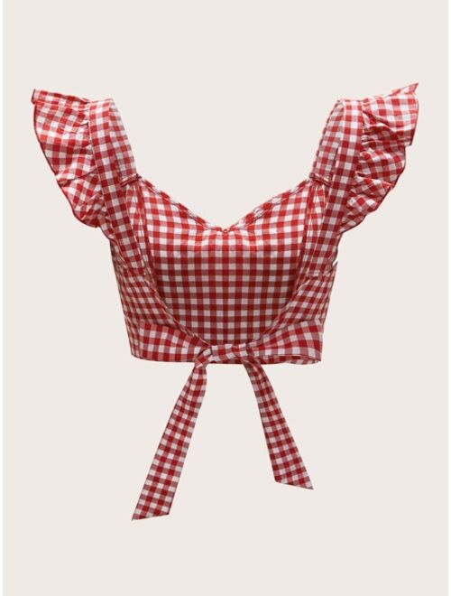 Shein Tie Back Ruffle Strap Gingham Top