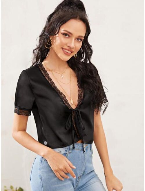 Shein Plunging Neck Tie Front Lace Trim Top