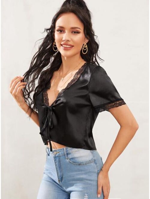 Shein Plunging Neck Tie Front Lace Trim Top
