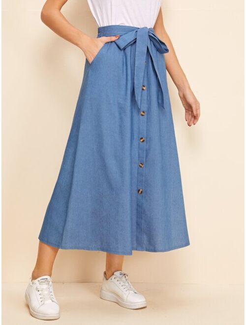 Shein Solid Self Tie Button Front Skirt