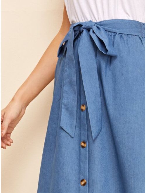 Shein Solid Self Tie Button Front Skirt