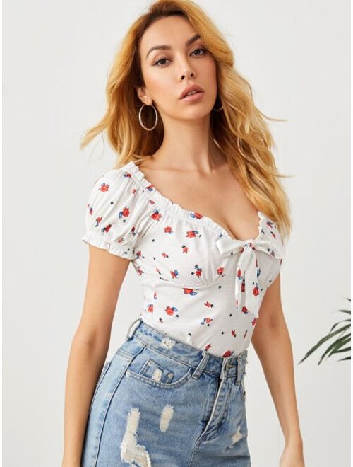 Shein Sweetheart Neck Frill Trim Tie Front Floral Print Top