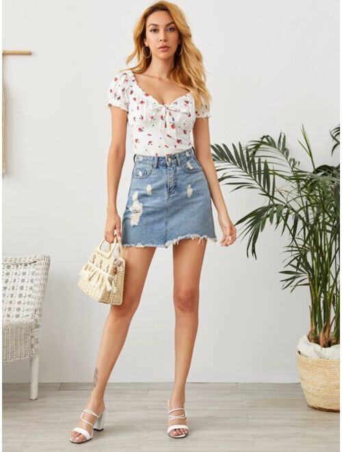 Shein Sweetheart Neck Frill Trim Tie Front Floral Print Top