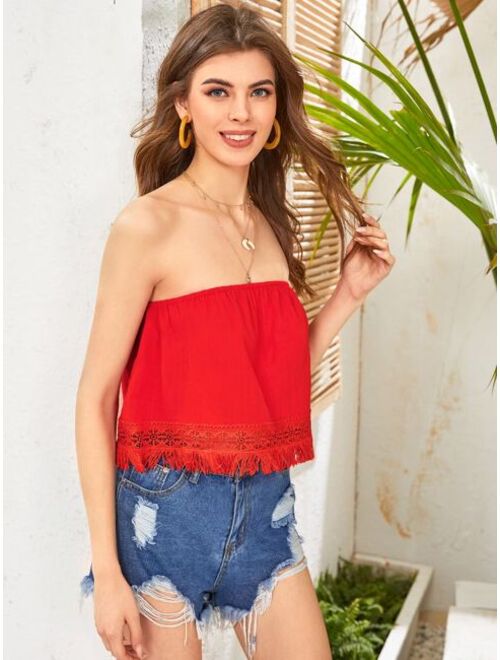 Guipure Lace Trim Tassel Hem Flowy Tube Top