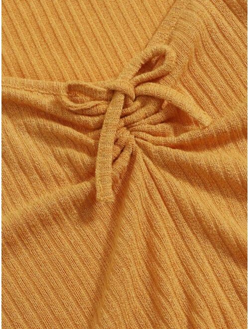 Shein Lettuce Trim Ruched Detail Rib-knit Tee