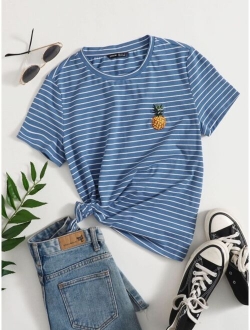 Embroidery Pineapple Striped Tee