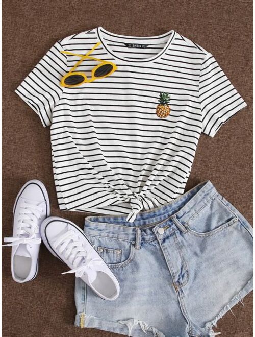 Shein Embroidery Pineapple Striped Tee