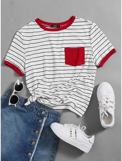 Shein Patch Pocket Striped Ringer Tee
