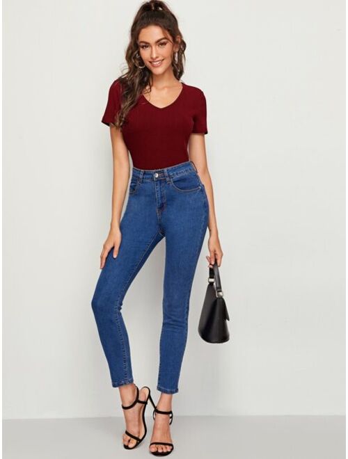 Shein V Neck Rib-knit Top