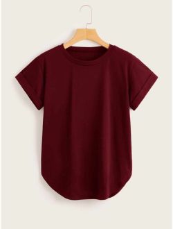 Rolled Cuff Curved Hem Solid Tee