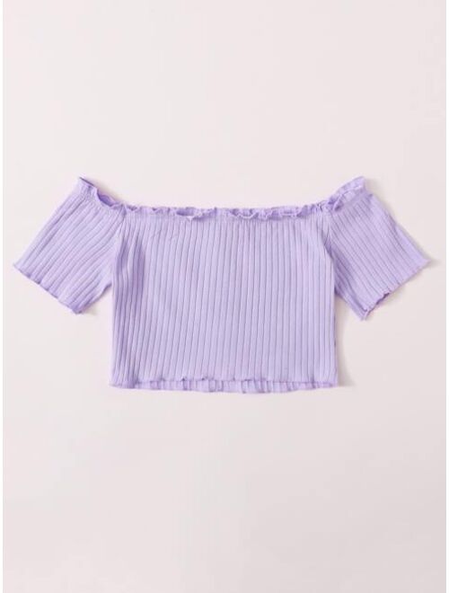 Shein Off Shoulder Frill Trim Buttoned Front Rib-knit Top