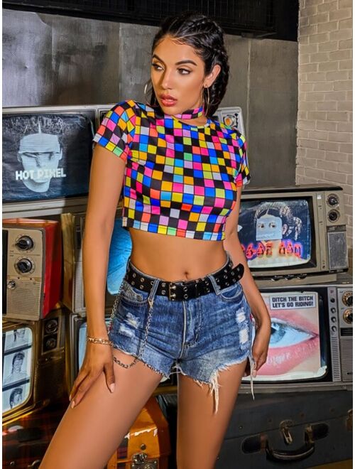 Colorful Checkered Crop Tee
