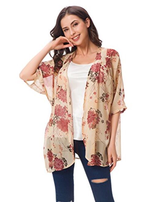 Women's Short Sleeve Beachwear Sheer Chiffon Kimono Cardigan Solid Casual Capes Beach Blouse Summer Cover Ups